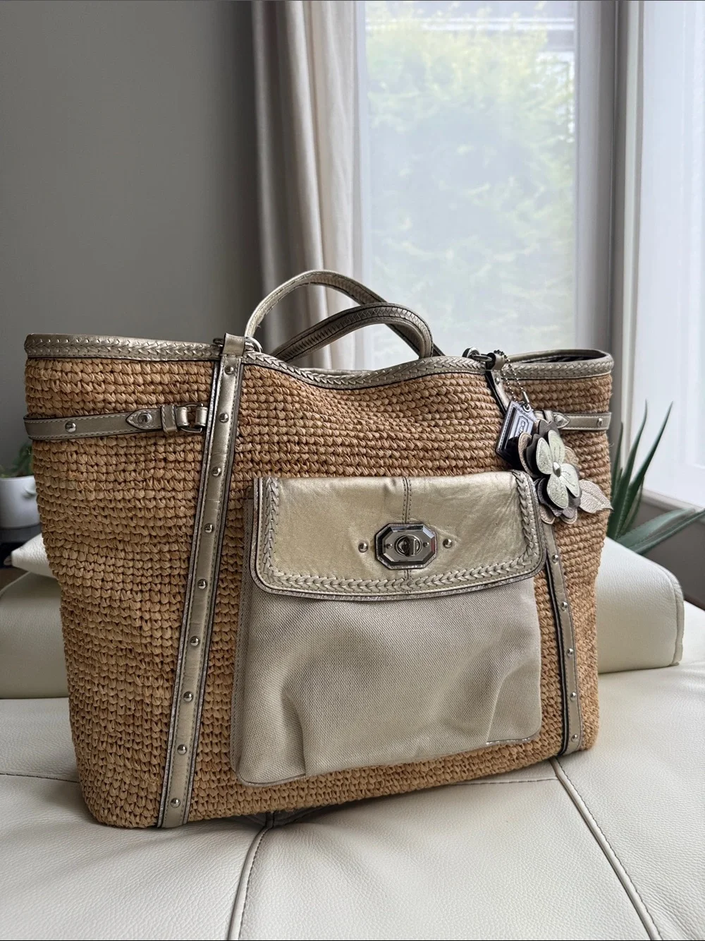 Coach Leather Creed Patch Embellished Straw Tote Bag